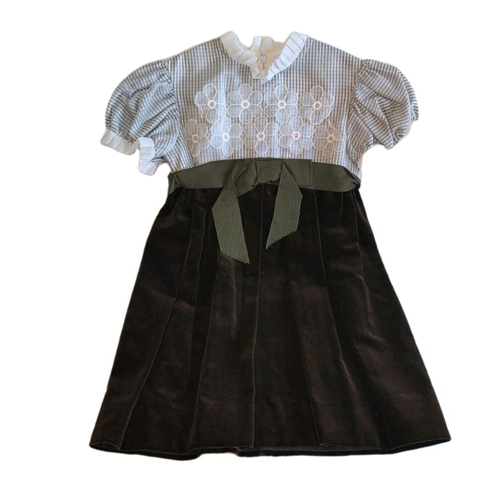 Vintage Elena Diram Girls Dress 4 Velvet Gingham Lace Cottagecore Embroidered